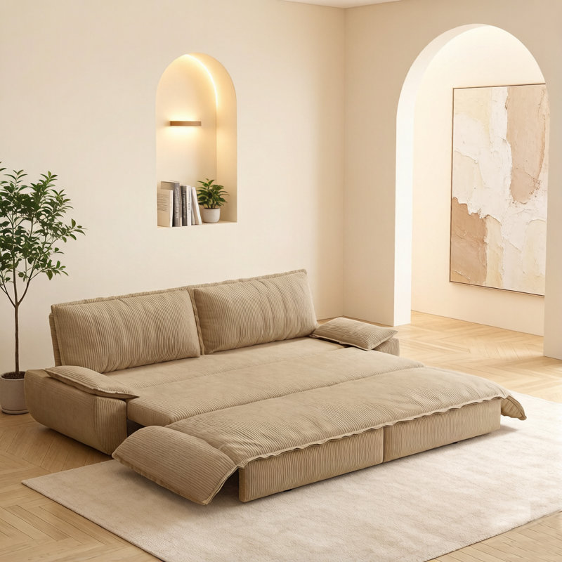 Canapé-lit convertible 3 en 1 de 186 cm (73,2 po), canapé-lit Queen Size, canapé en velours côtelé avec méridienne, canapé multifonctionnel pour salon, chambre et appartement, camel