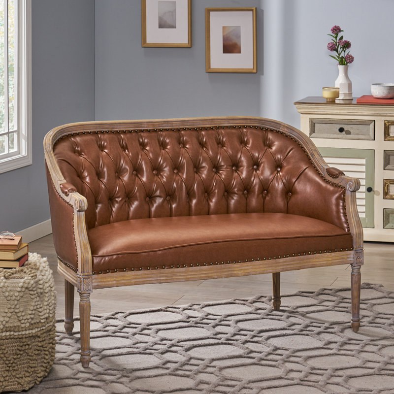 Atenea 49.5'' Upholstered & Birch Wood Loveseat, Cognac, Antique Natural