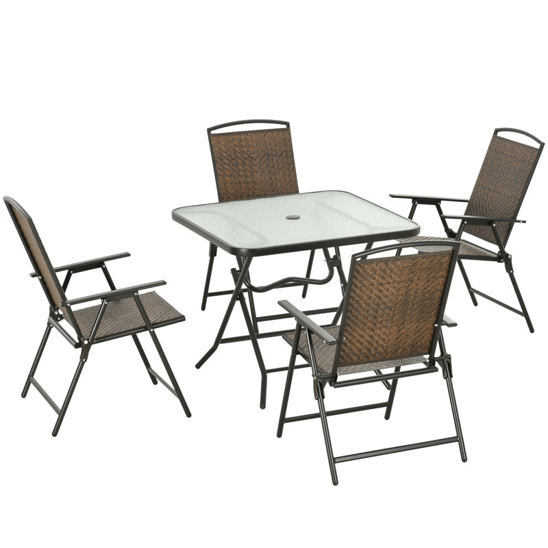 Ensemble de salle à manger de patio en osier 5 pièces, table et chaises d'extérieur pliables, ensemble de salle à manger en osier avec trou pour parasol, table en verre trempé, brun foncé