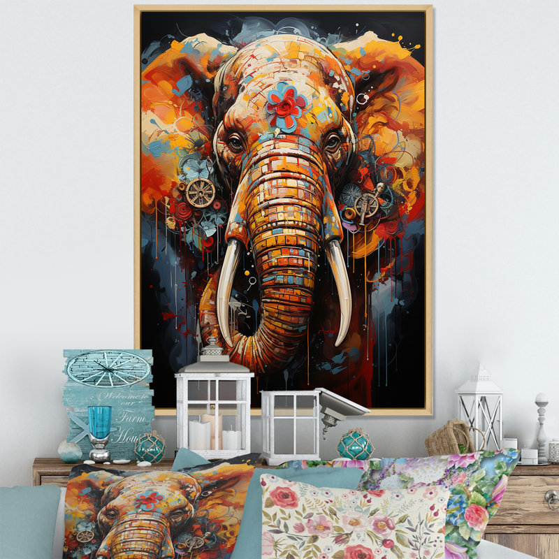 «Urban Graffiti Pachyderms I» sur toile, Cadre naturel flottant, H 40 po x l 30 po x P 1,5 po
