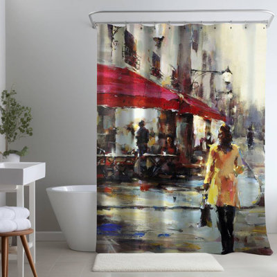 Paris Street Scene – Woman Walking in Red – Polyester Shower Curtain, Dye Sublimation Print, 71" W × 74" L
