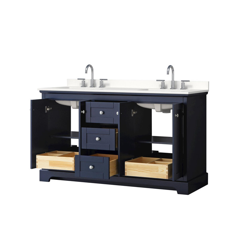 Meuble-lavabo double autoportant 60 po avec plateau en quartz Avery, Bleu très foncé, Quartz blanc, Chrome poli