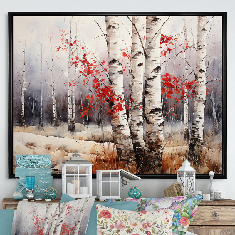 Bois de bouleau blanc et rouge en hiver III - Art mural bouleau, Cadre flottant noir, H 24 po x l 32 po x P 1 po