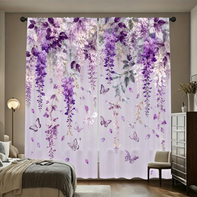 2PCS Wisteria Butterfly Garden Light Filtering Curtains, Romantic Floral Rod Pocket Window Drapes for Bedroom and Living Room