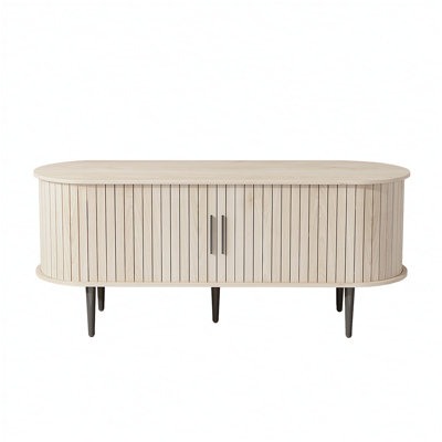 Meuble télé, console de télévision moderne de 47 po avec compartiment de rangement et porte coulissante, centre de divertissement pour jeux vidéo avec armoire pour le salon, la chambre à coucher et le bureau (couleur bois naturel)