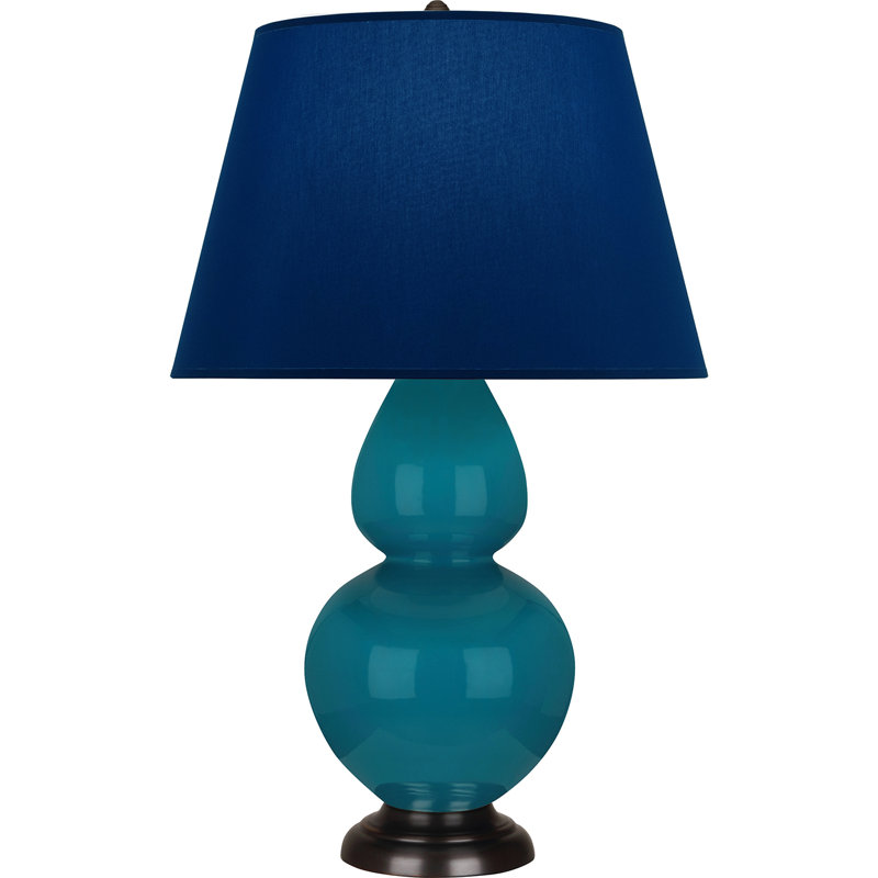 Lampe de table double gourde en céramique, Bleu marine/gris, Paon glacé / bronze, Bronze