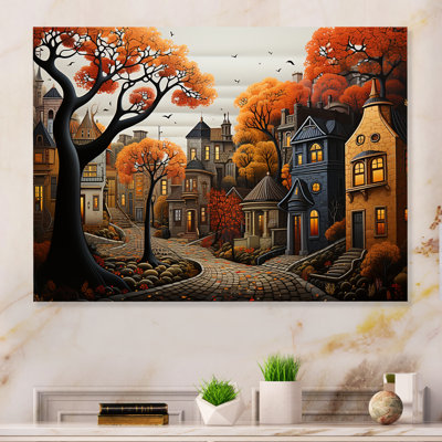 Cozy village in Autumn Moonlit III - Art mural en métal City Art Deco