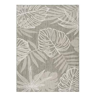 Tropical Leaf UV Resistant Woven Indoor Outdoor Rug Ivory/Gray