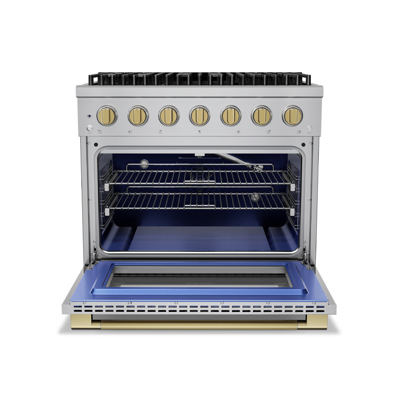 Hauslane 36" Gas Range In Stainless Steel | 6 Burners Up To 20,000 Btus | 5.2 Cu. Ft. Convection Oven With 5 Rack Positions | Convertible Ng/Lp | Cool-Touch Triple-Layer Door Satin Brass