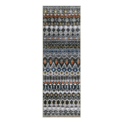 Runner Rug 2x6 Vintage Distressed Geometric Hallway Carpet Machine Washable Non-Slip Indoor Long Rug Non-Shedding Accent Carpet for Kitchen Bathroom Bedroom Office, Grey