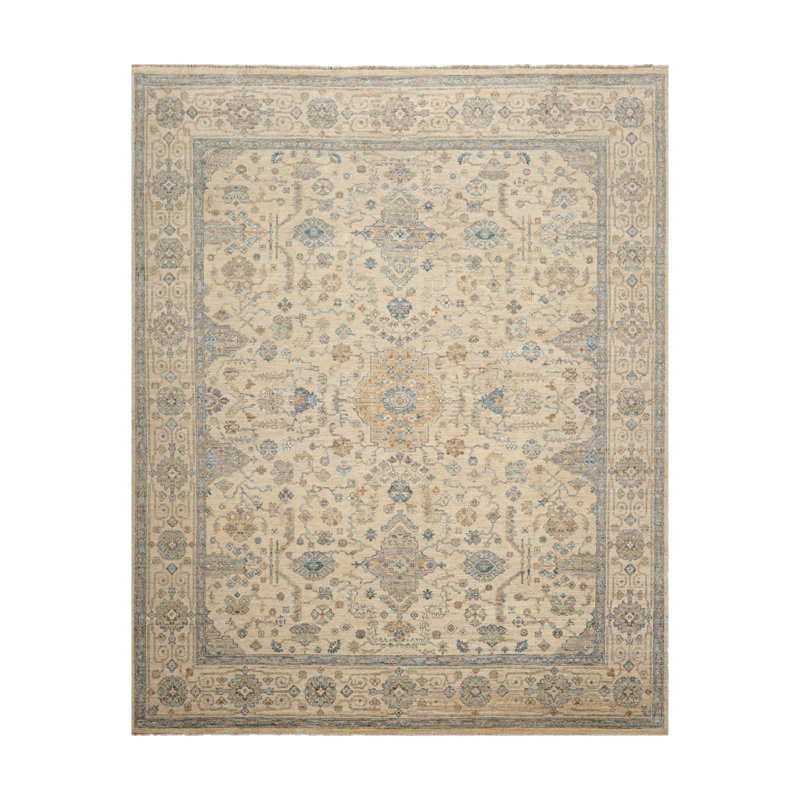 Tapis oriental traditionnel beige en laine noué à la main 8 x 10