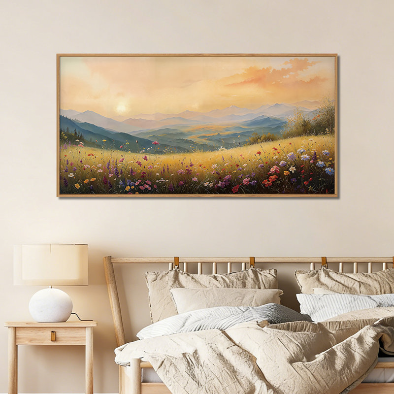 Large Sunset Meadow Canvas Wall Art, Artistic Floral Field Wall Decor Framed, Boho Mountain Flower Artwork, Vibrant Rustic Landscape Home Decor, For Living Room Dining Room Bedroom Office, 20"x40" Thoughtful Gift Ideas