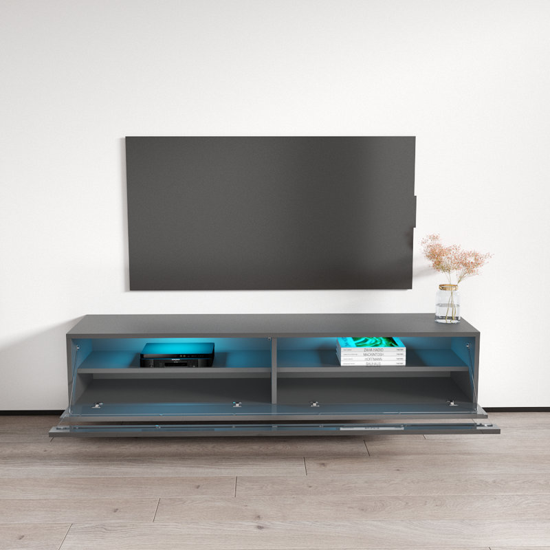 Fly 63" Modern Floating Wall Mounted TV Stand with LED Lighting, High Gloss Finish, Gray