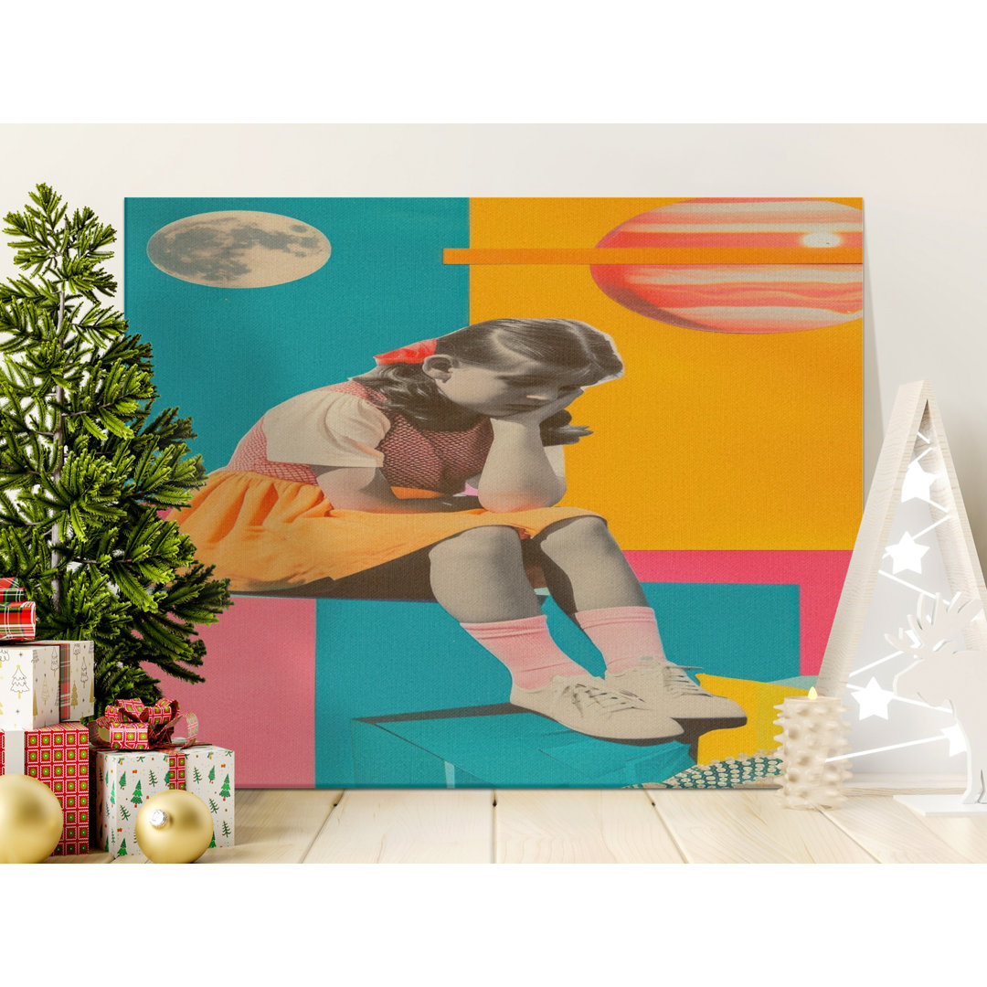 Sad Girl Collage Canvas Wall Art, Gallery Wrapped Matte Print, Ready to Hang, Archival Quality, Moon, Planets, Modern Home Decor