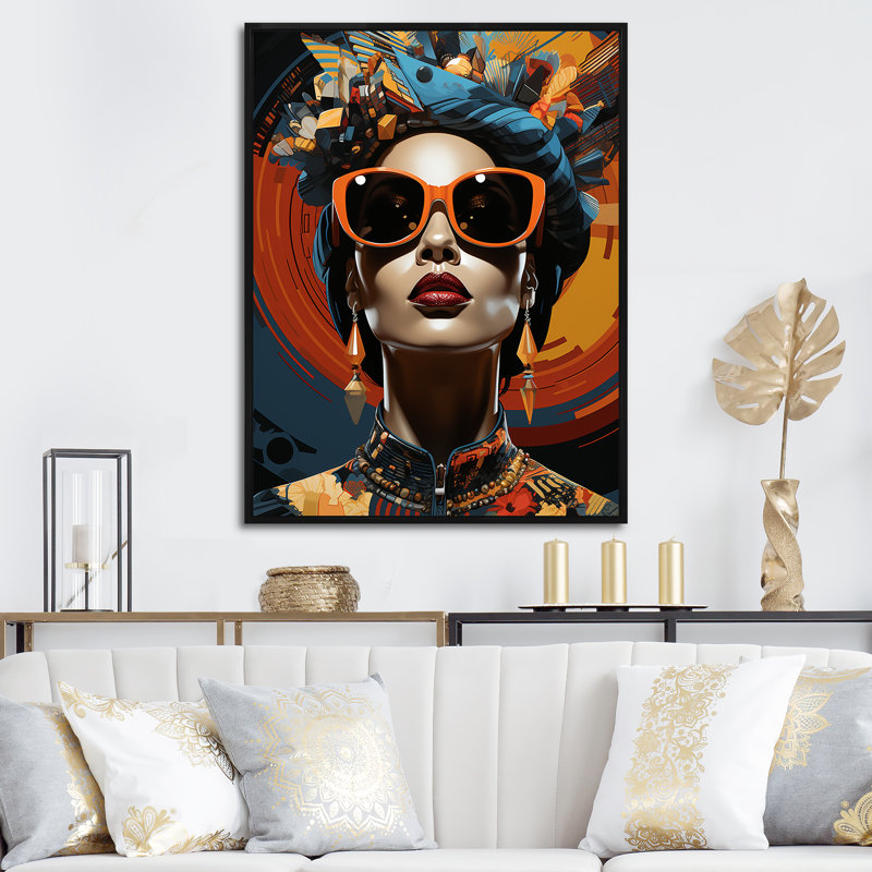 Orange et bleu, femme africaine, lunettes de soleil I - art mural femme africaine, Cadre flottant noir
