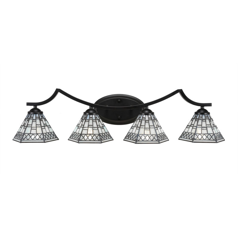 Barre d'éclairage de salle de bain 4 lumières Alissha au fini noir mat avec verre d'art étain de 7 po