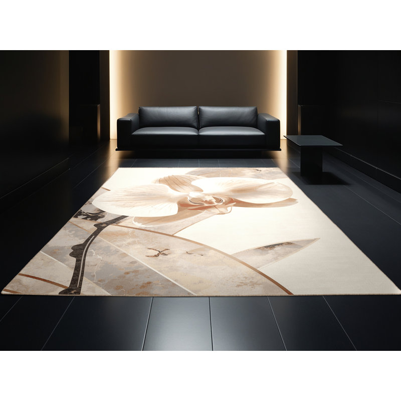 Tapis beige orchidée lavable à la machine Ortmund, Rond 7 pi