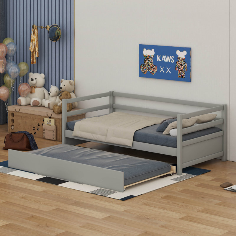 Twin Size Daybed With Trundle, Pine Wood Bed Frame With Headboard, Gray