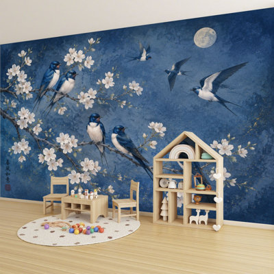 Papier peint adhésif auto-adhésif moderne pour la chambre à coucher - avec des hirondelles, fleurs de cerisier sous un ciel bleu nuit