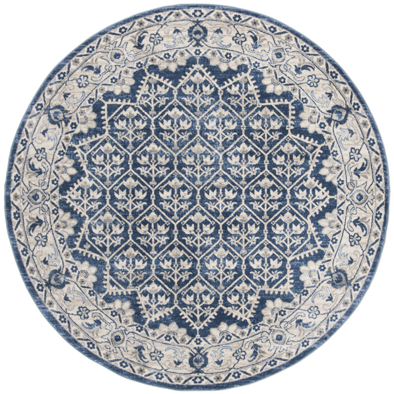 Asucena Oriental Navy/Light Gray Area Rug, Round 6'7"