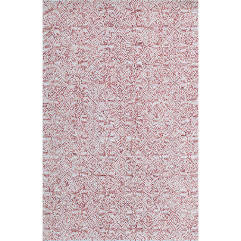 Barranco Geometric Hand Tufted Wool Area Rug in White/Red, Rectangle 5'6" x 8'6"