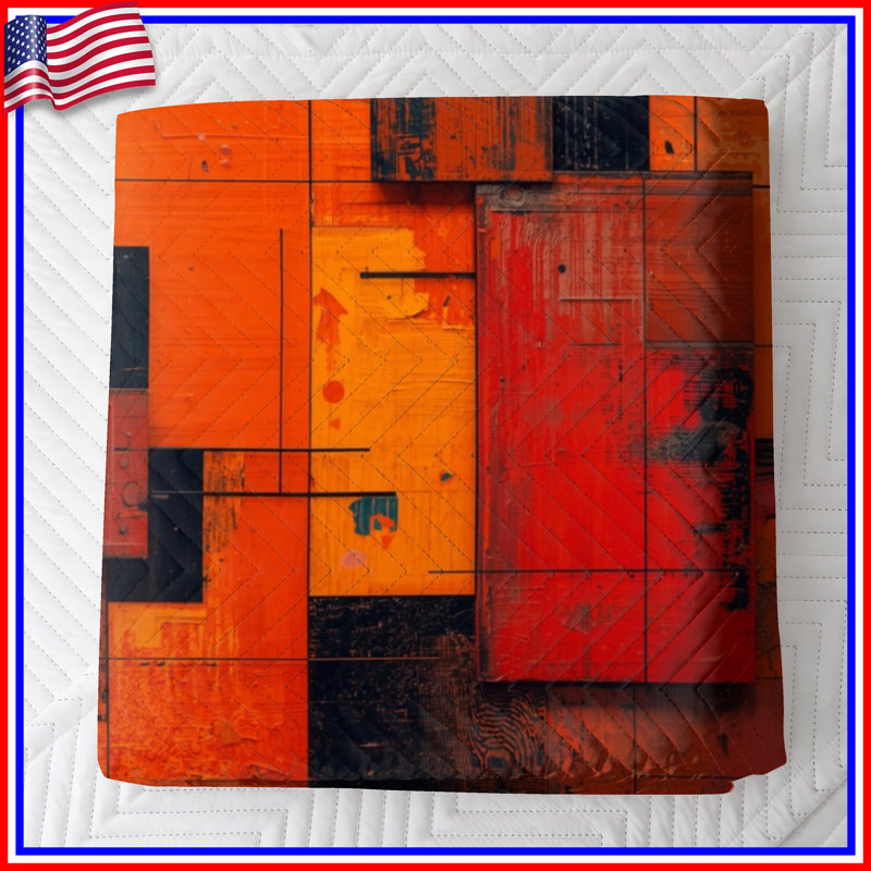 Orange Red Geometric Blocks Quilted Bedspread All Sizes, Full / Double