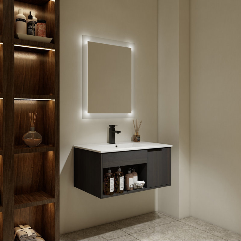 Meuble-lavabo mural avec lavabo en céramique et porte à fermeture en douceur, 30"
