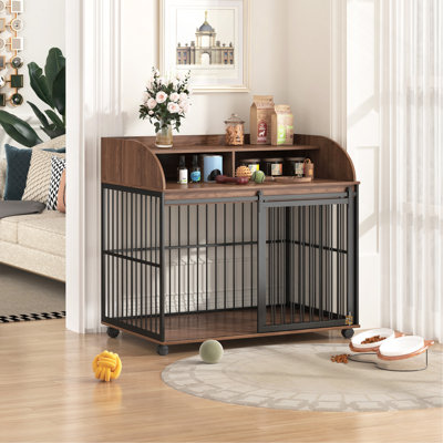 Meuble de rangement robuste pour chien de 44 po de hauteur 44 po avec roues verrouillables, cage pour chien en bois, cage de table de bout avec rangement double couche, brun