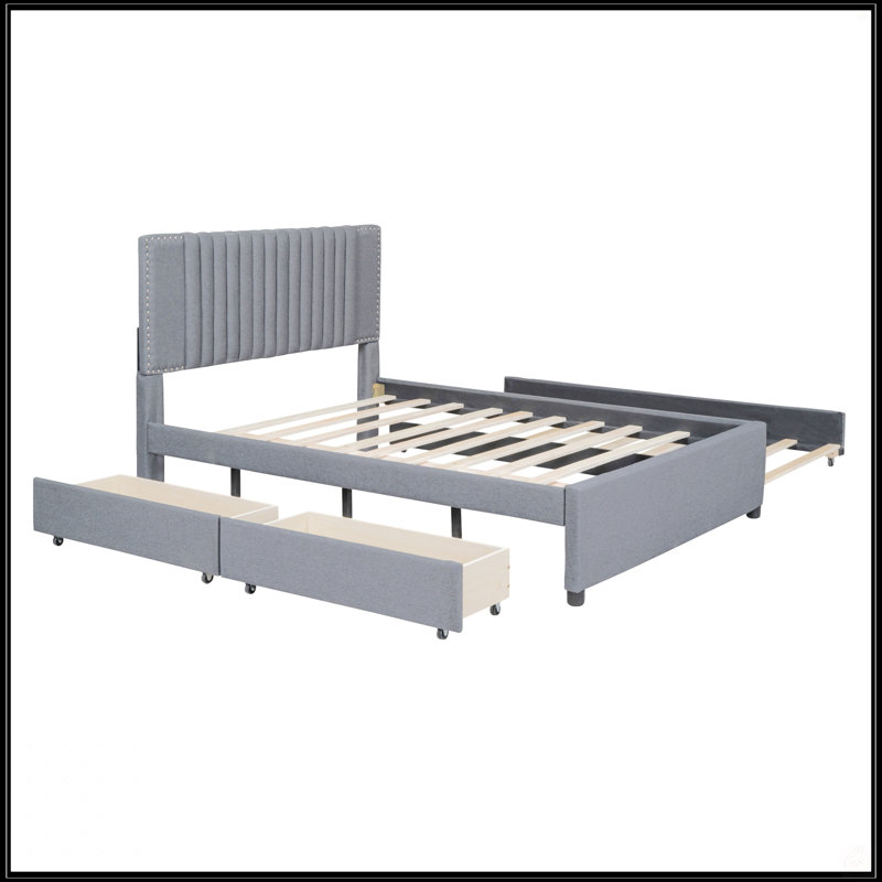 Lit plateforme double tapissier pleine grandeur avec 2 tiroirs et 1 lit gigogne simple, tête de lit classique, gris