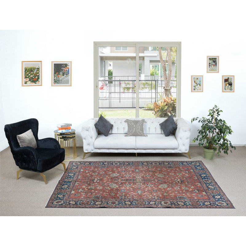 Tapis turc romantique fait à la main en rouge et bleu foncé avec motif botanique