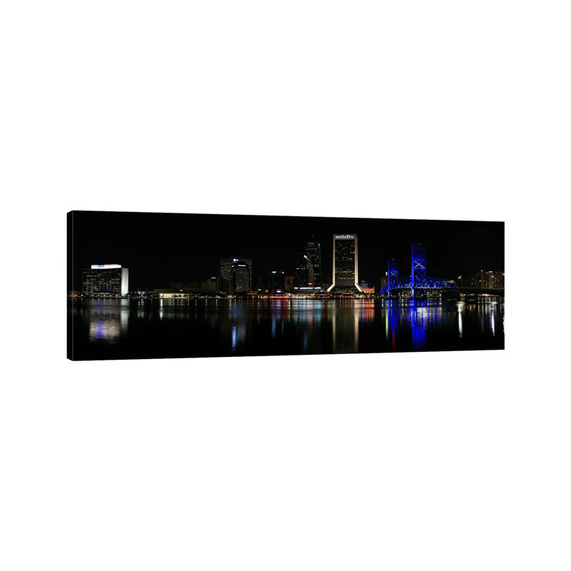 Jacksonville Skyline Cityscape (Night) by Unknown Artist - Wrapped Canvas Panoramic Print