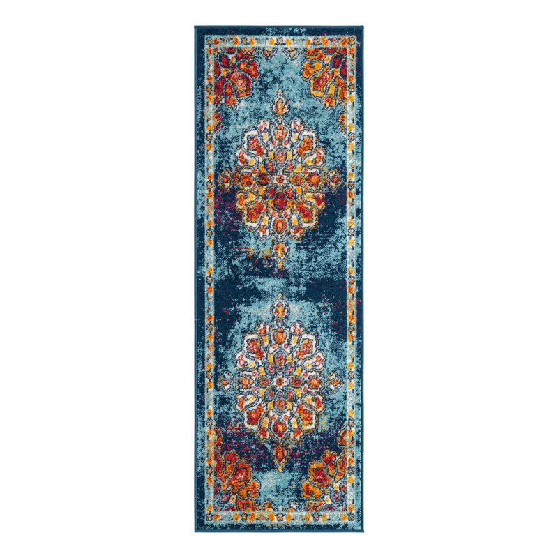 Tapis oriental bleu / rouge, Tapis de couloir 2 pi x 6 pi