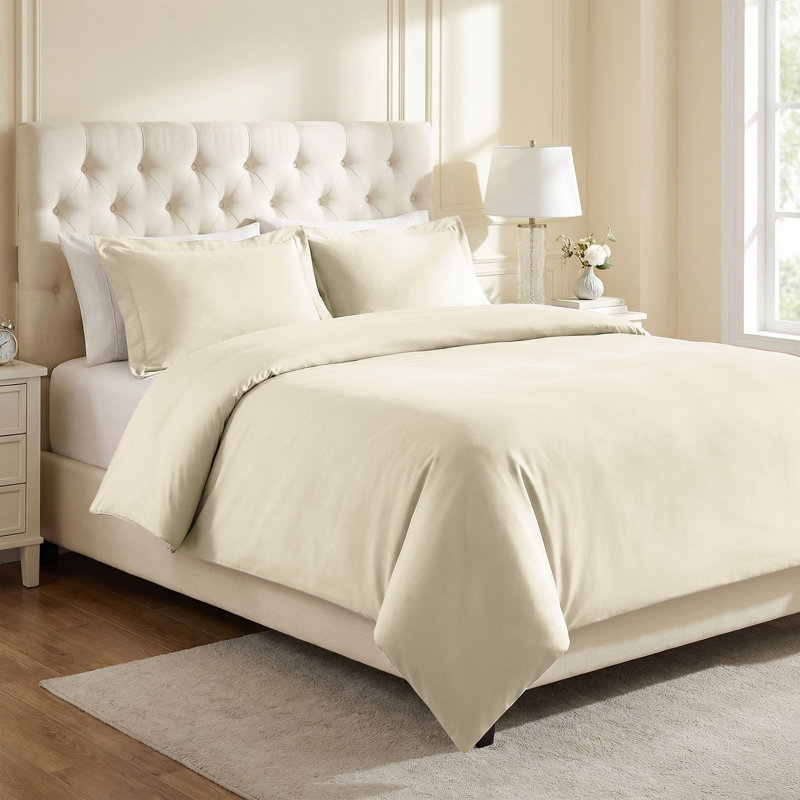 1200 Thread Count Cotton-Polyester Blend Solid Sateen Weave 3-Piece Duvet Cover Set, Full/Queen+ 2 Shams, Ivory