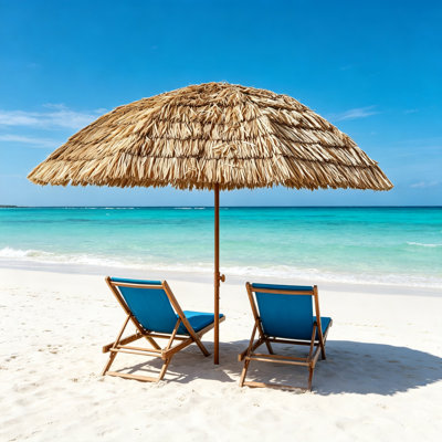 8ft Brown Thatch Tiki Patio Umbrella, Tropical Raffia Outdoor Beach Sun Shade Umbrella