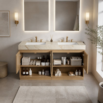 Meuble-lavabo double sur pied de 60 pouces avec dessus en pierre frittée couleur crème veinée or, 2 lavabos en céramique et trois trous prépercés pour la robinetterie