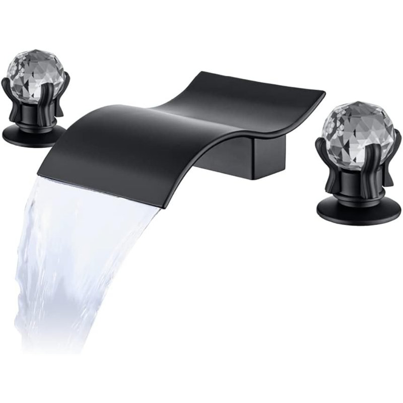 Widespread Bathroom Sink Faucet With Crystal Knob 3 Hole Waterfall Vanity Faucet 8 Inch Crystal Bathroom Faucets Deck Mount Basin Mixer Tap With Hose