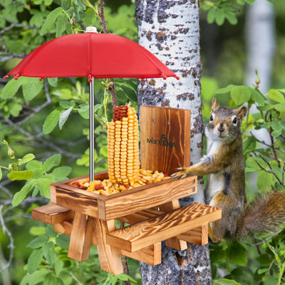 Wooden Squirrel Picnic Table Feeder With Umbrella
