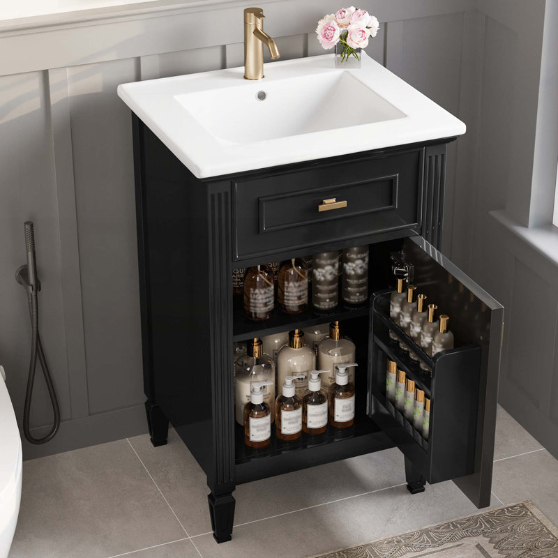 Meuble-lavabo de rangement avec lavabo en céramique, Noir