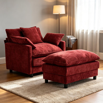 (Rouge) Fauteuil d'appoint moderne en chenille l 39,4 po avec repose-pieds