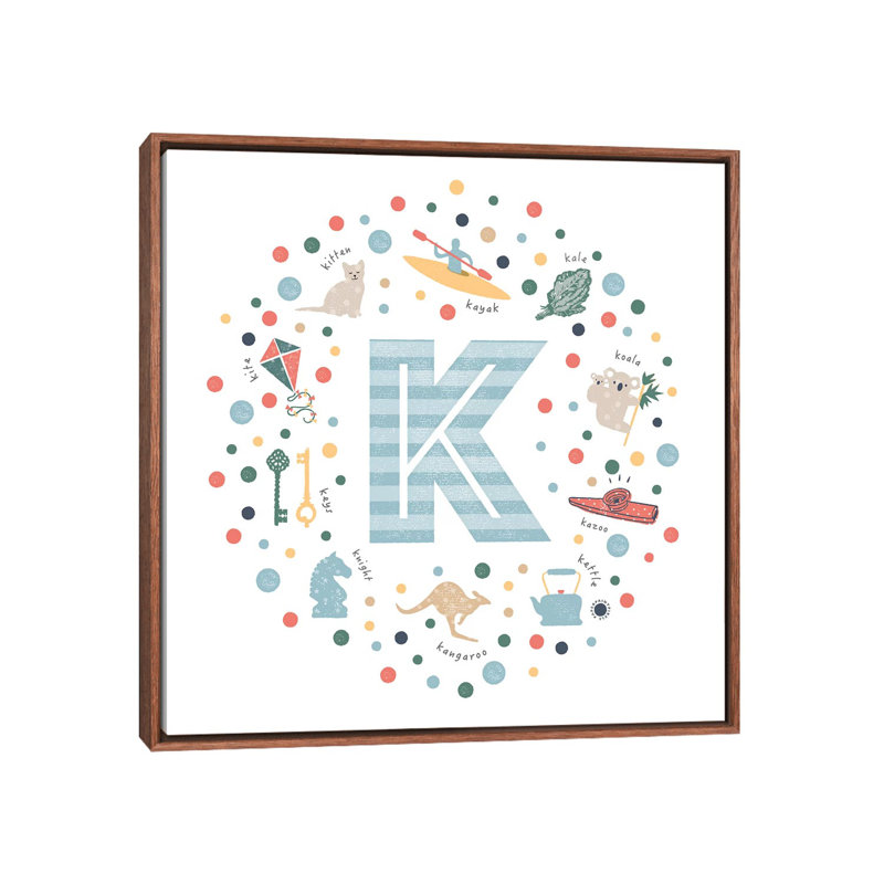 Lettre K illustrée, impression bleue, Pas de tapis, H 18 po x l 18 po x 1,5 po, Toile avec cadre brun