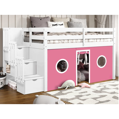 Johannes Solid Wood Twin Low Loft Bed with 3 Step-Stairway and Tent