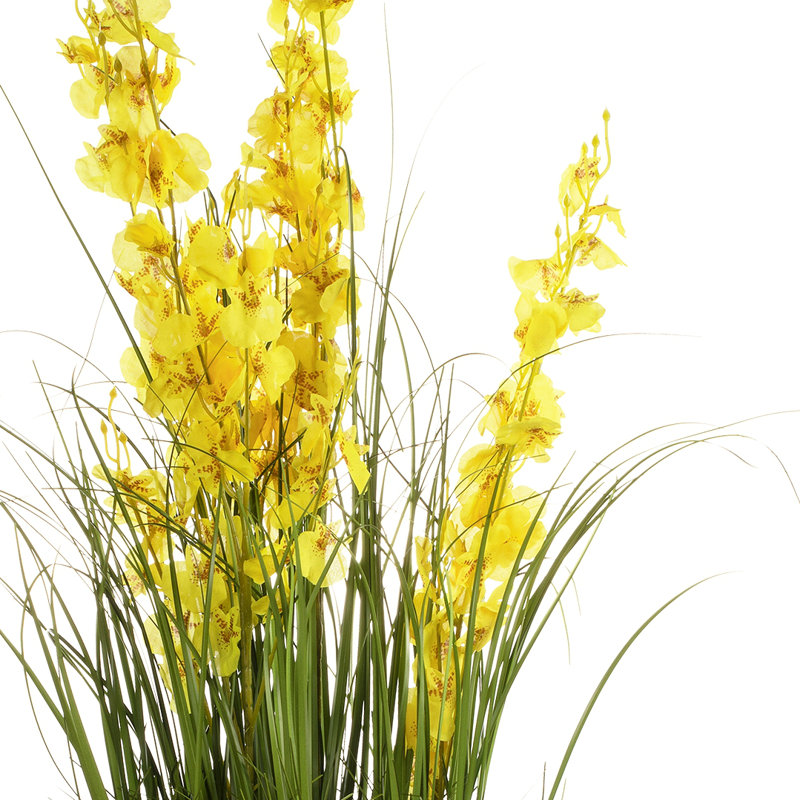 Herbes artificielles mixtes 36 pouces et fleurs d'orchidées en pot noir, Jaune