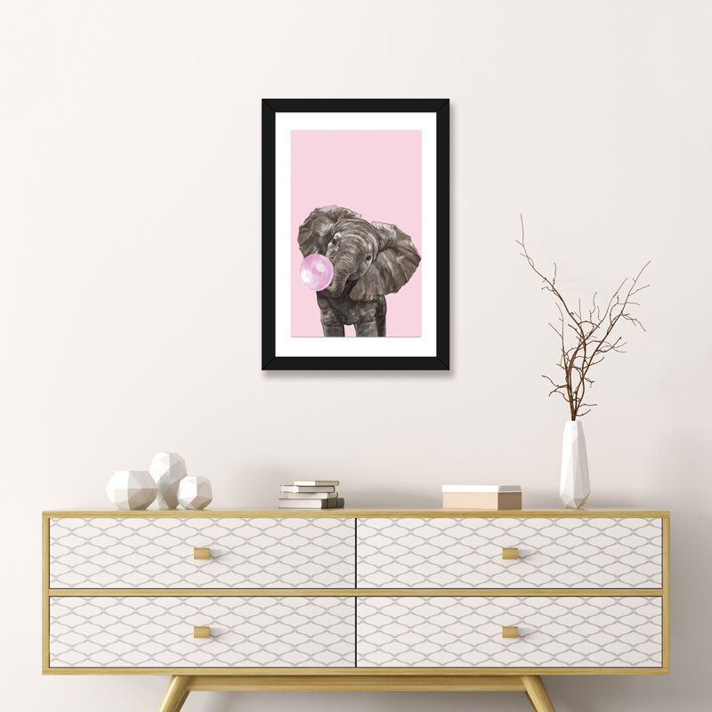 Art d’éléphant de gomme à bulles, H 24 po x l 16 po x P 1 po, Papier avec cadre noir