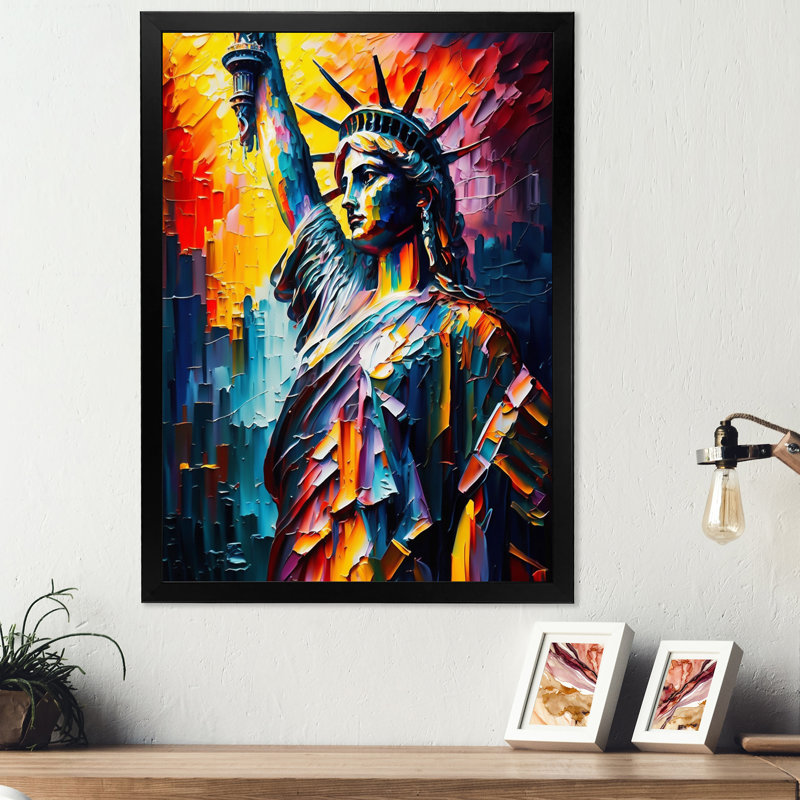 Statue colorée de la liberté II - art mural ville, Cadre noir, H 32 po x l 16 po x P 1 po
