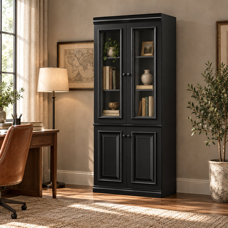 Bibliothèque 78,7 "H noire avec portes en verre trempé
