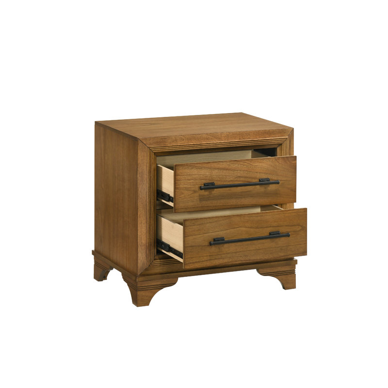 Table de chevet Tey, 2 tiroirs avec longues poignées noires, brun miel