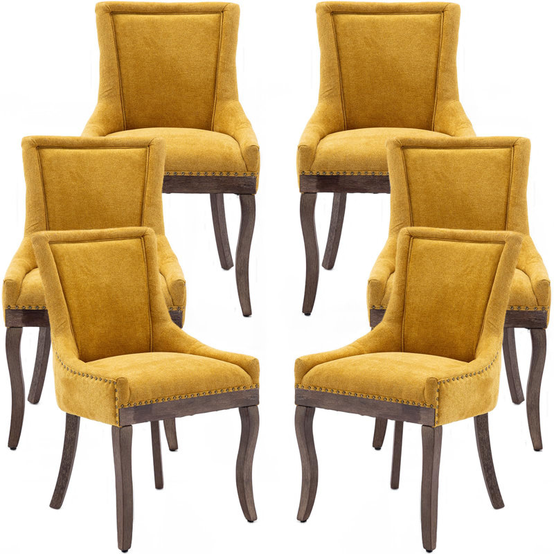 Thickened Fabric Upholstered Wooden Nailhead Dining Chairs (Set of 6), Yellow