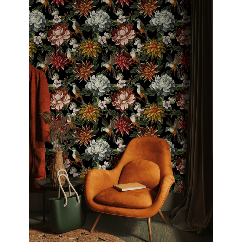 Papier peint à motif floral oiseau double rouleau adhésif amovible, Noir