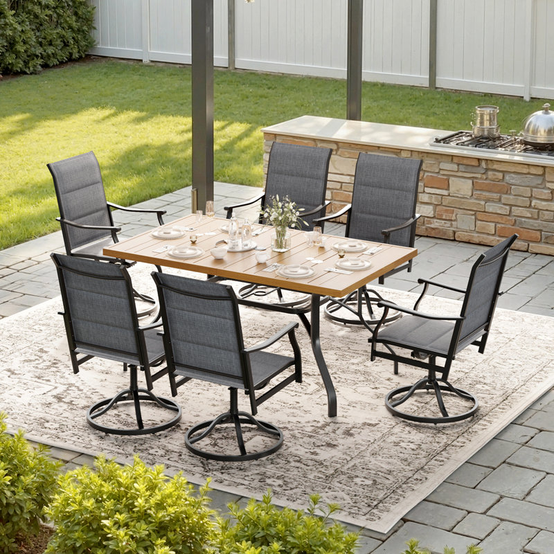 6 Person Outdoor Metal Table Swivel Dining Chair Set, Gray