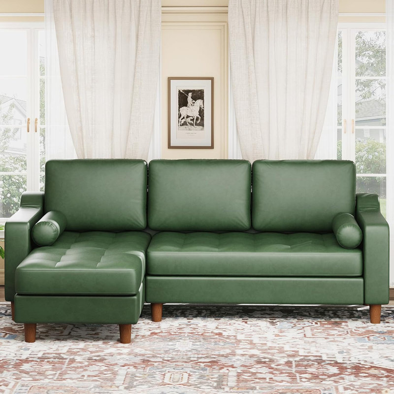 88.9" L-Shape Leather Sectional with Chaise, Green, Green